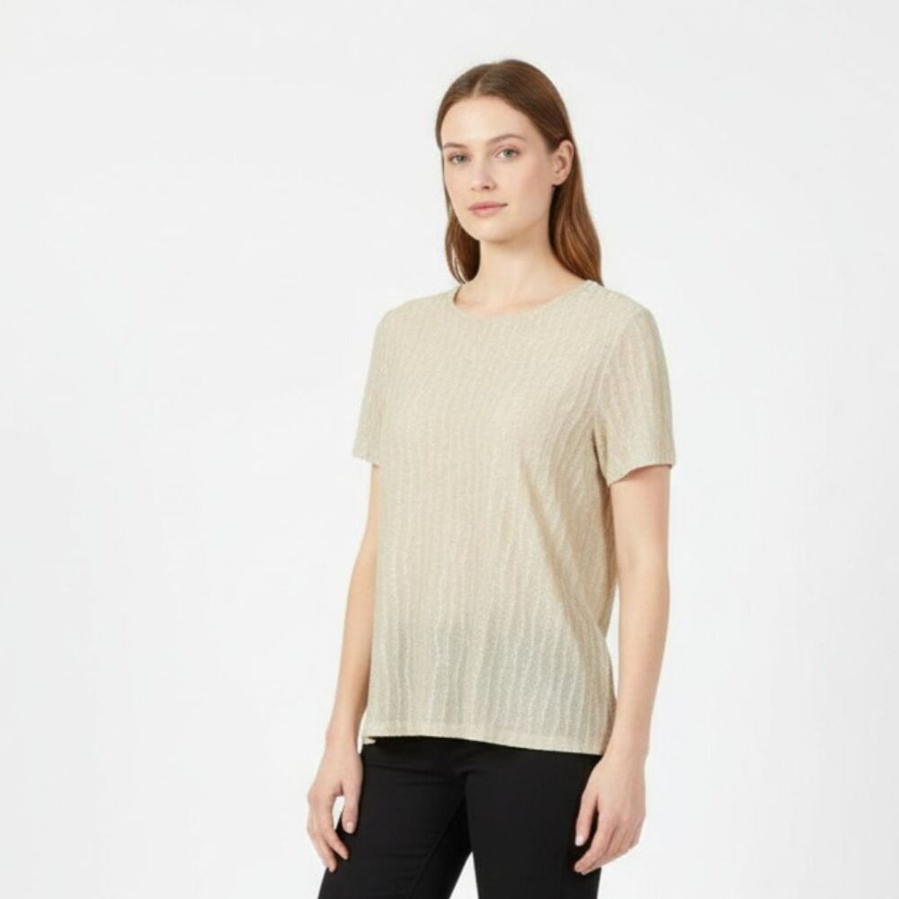Lane Davis Tan metallic Knit Short Sleeve Woven Tee T Shirt M